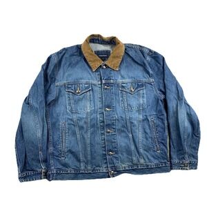 Lands' End Denim Trucker Jacket Men's Large Corduroy Collar Blue Cotton Ranch